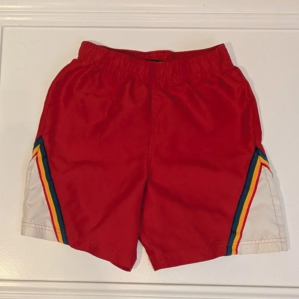 Laguna Swim Trunks Board Short Red Bright Rainbow Trim Vacation - Size M10/12